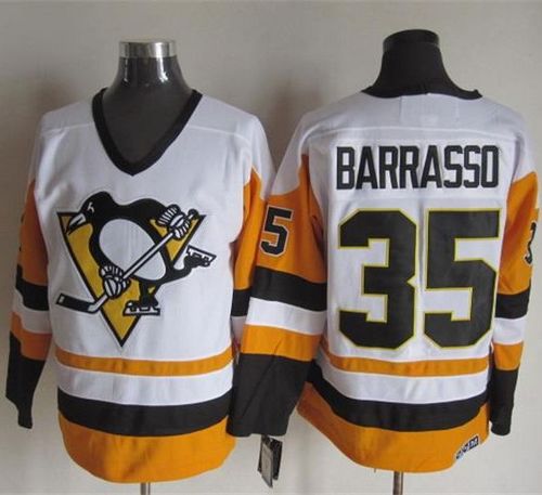 Penguins #35 Tom Barrasso White/Black CCM Throwback Stitched NHL Jersey - Click Image to Close